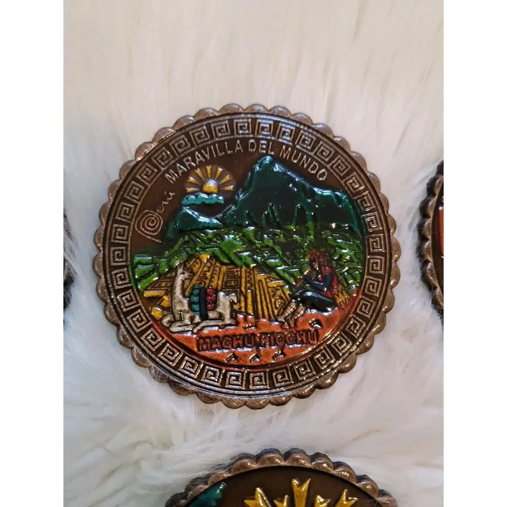 Peru Handpainted Coasters Llama Set 6 W/ Holder Folk Art Souvenir Mixed Material